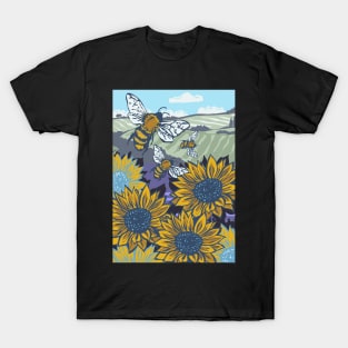 Oxfordshire Sunflowers and Honey Bees Linoprint T-Shirt